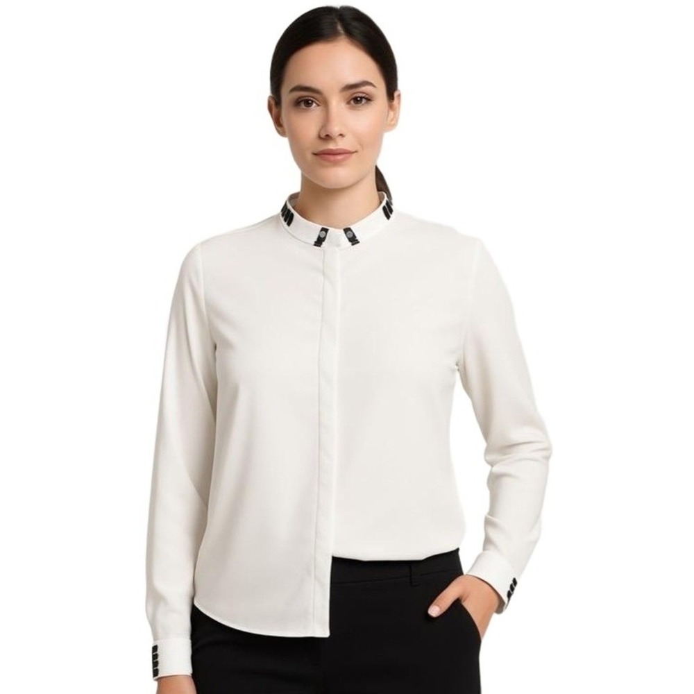 CBR Shirt Womens XL White Long Sleeve Blouse Blue Contrast Trim Nautical Sailor